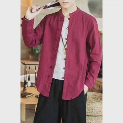 Camisa e Jaqueta Masculina Estilo Chinês de Manga Comprida em Linho