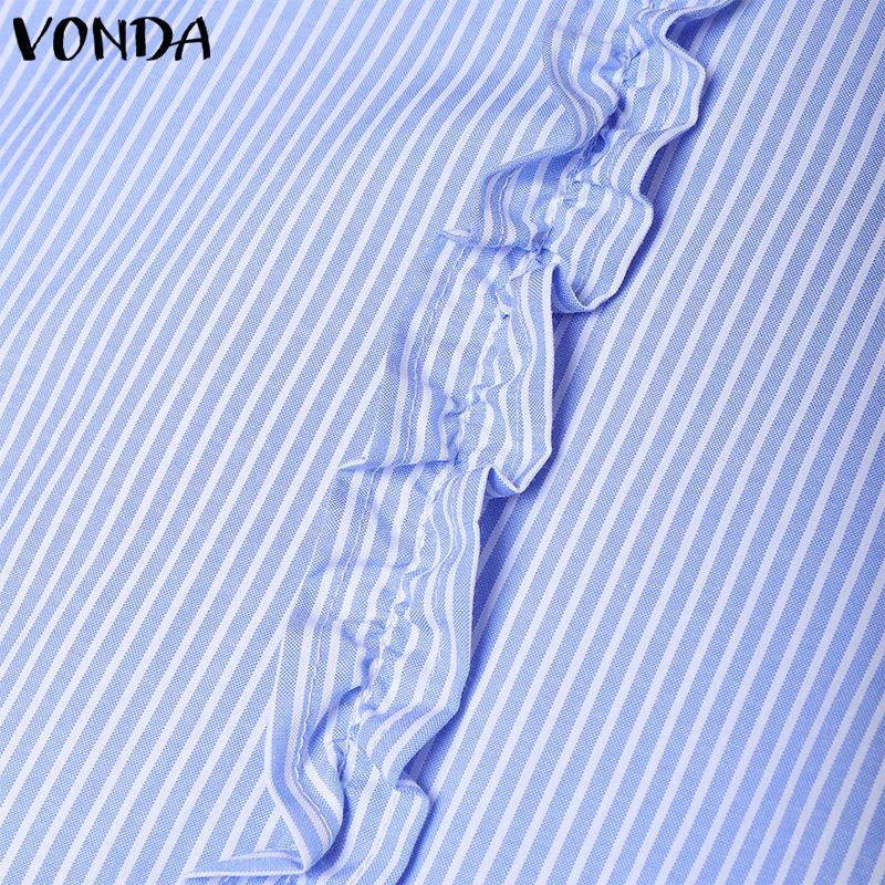 VONDA Women Turn Down Collar 3/4 Sleeve Striped Ruffled Casual Loose Blouse