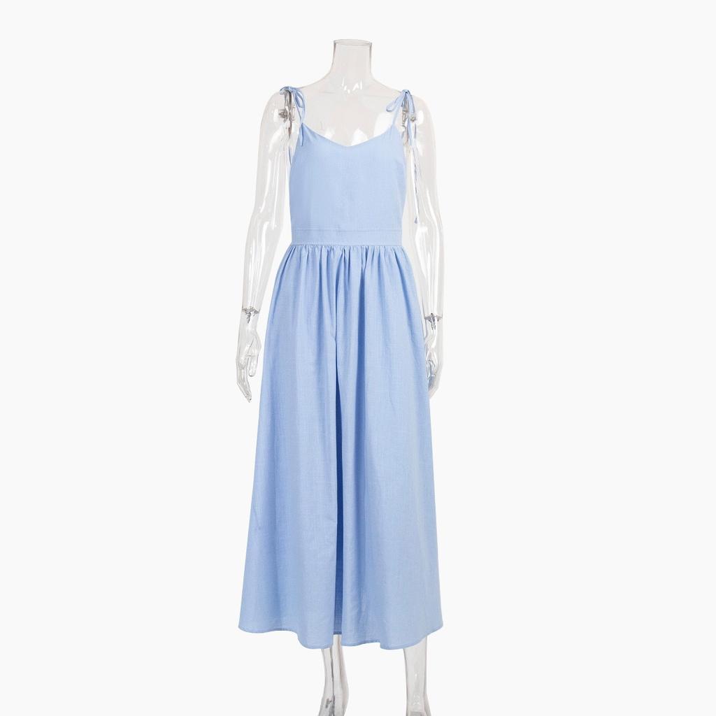 Spring New 100% Cotton V-neck Cami Dress, Women's Elegant Sexy Tie-back Open Back Dress, Cross-border European American Style