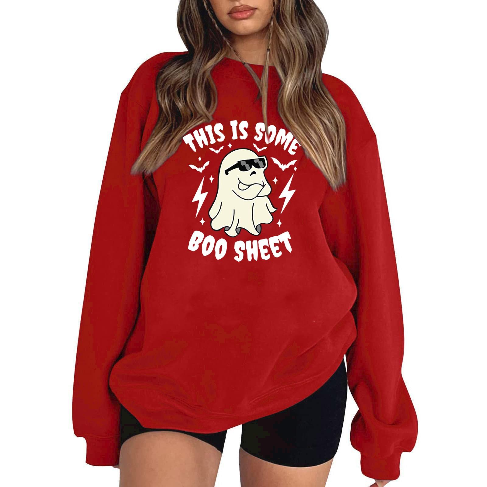 

Женский пуловер с принтом Хэллоуина, круглый вырез, заниженная линия плеча, блузка с длинными рукавами XL красный