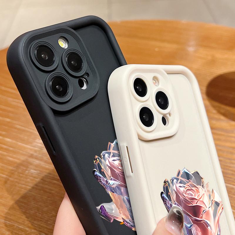 Pink Crystal Rose Pattern Shockproof Phone Case for iPhone 16 15 14 Plus 13 12 11 Pro Max Xs Xr 8 7 Matte Tpu Soft Lens Protection Anti-Fall Cover