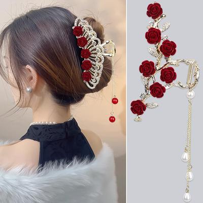 Retro Kırmızı Gül Püsküllü Saç Tokası