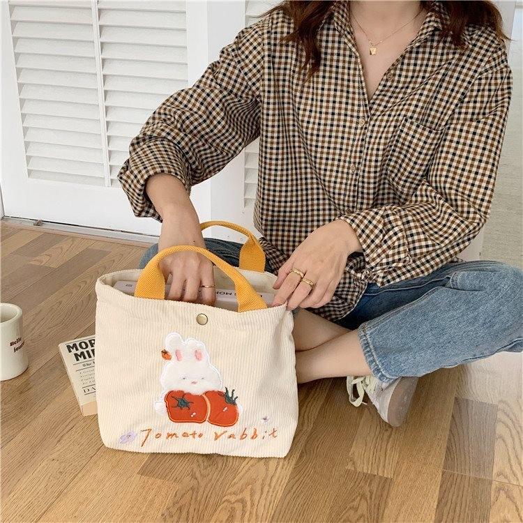 Adorable Cartoon Rabbit Embroidered Canvas Tote Bag Stylish Corduroy Handbag For Women And Students