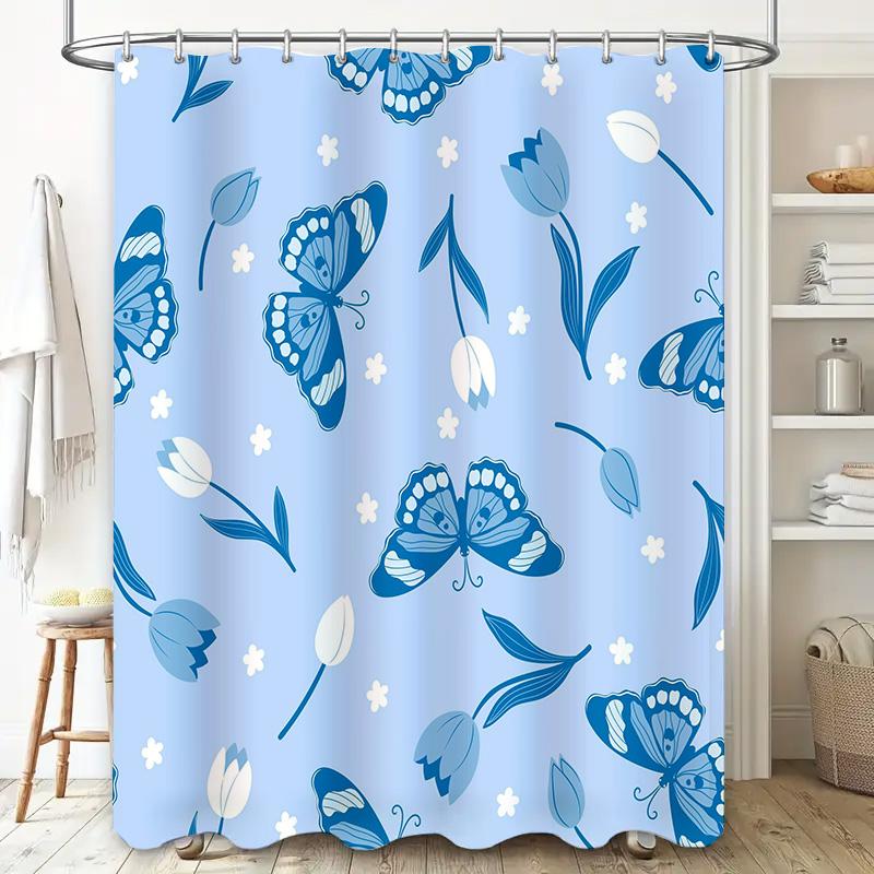 High Quality Printed Blue Flowers Shower Curtains for Bathroom Decor Waterproof Fabric Shower Panel with Hooks Set (Curtain Size