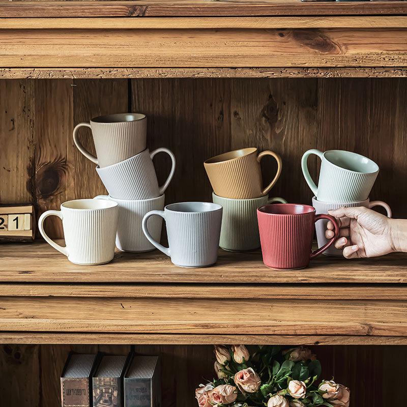 Japanese-Style Retro Relief Ceramic Cup Combination High Value Household Solid Color Matte Cup Breakfast Cup Coffee Cup Water Cup