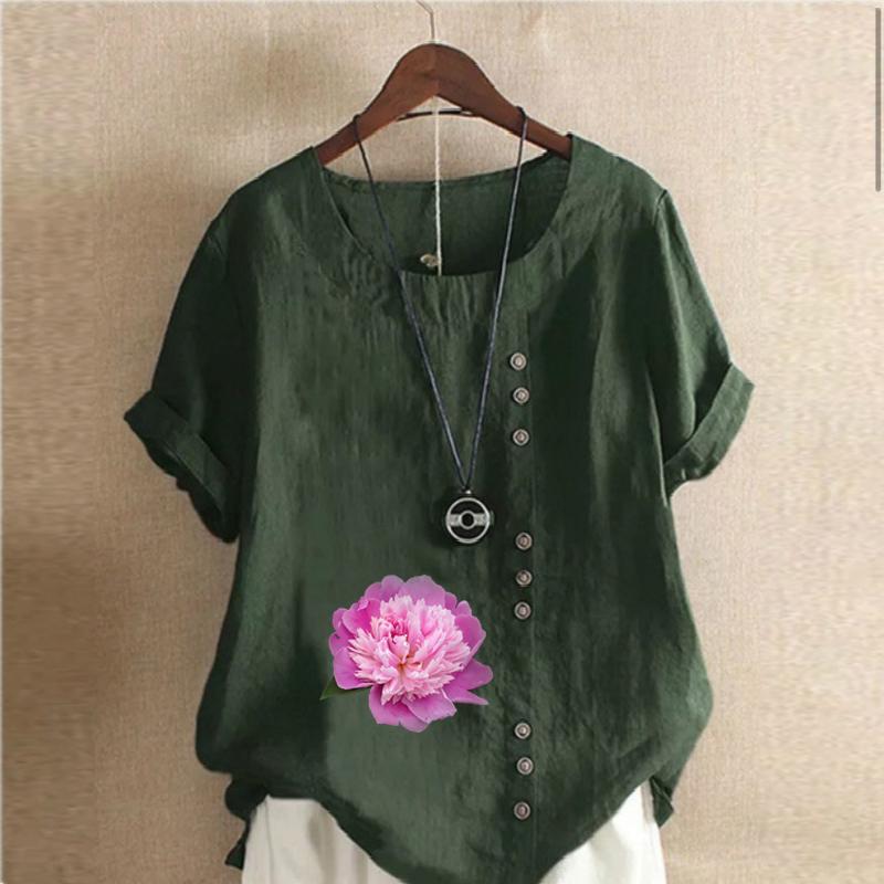 Women's Fashion Round Neck Short Sleeve T-shirt Casual Cotton Linen Graphic Shirt Flower Prined Summer Blouse Tops