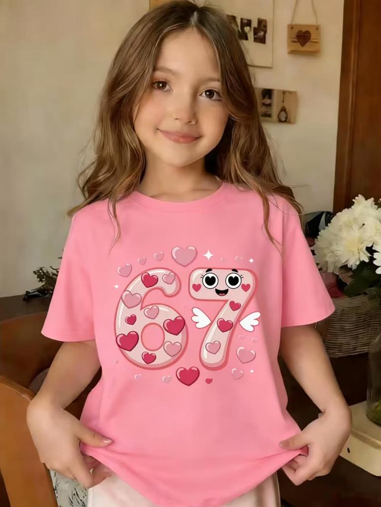 Valentine 67 Six Seven Meme Print T-Shirt 67 Number Round Neck Cute Casual Short Sleeve Comfortable T-Shirt Children's Clothing