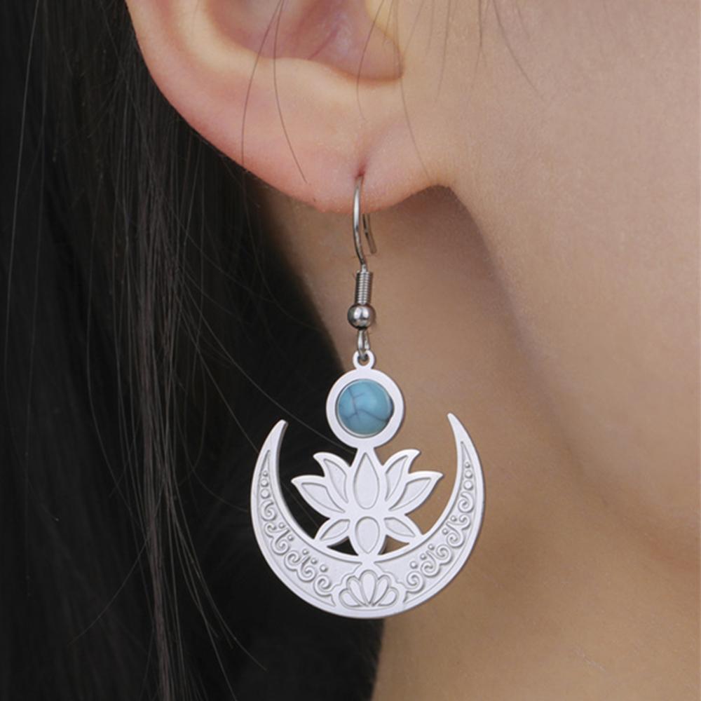 My Shape Flower Lotus Moon Earrings for Women Stainless Steel Dangle Earrings Flower Drop Earring Jewelry Chakra Healing Amulet