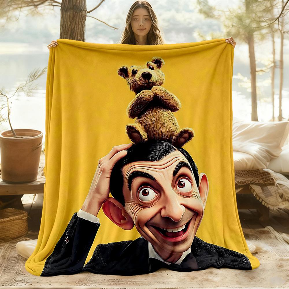 1pc Mr. Bean Teddy Outdoor Blanket Lightweight Flannel, Soft & Warm, All-Season Use for Sofa, Outdoor, Camping, Living Room, Office011