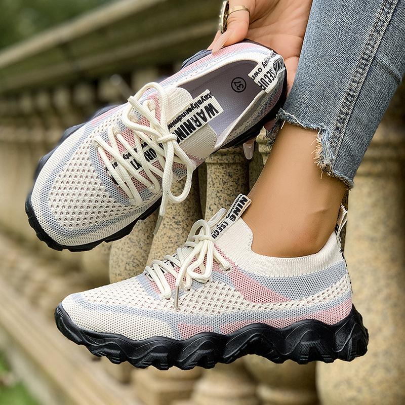 Fashion Color Block Knit Casual Sneakers for Women Platform Breathable Running Shoes Woman Lightweight Non Slip Walking Sneakers