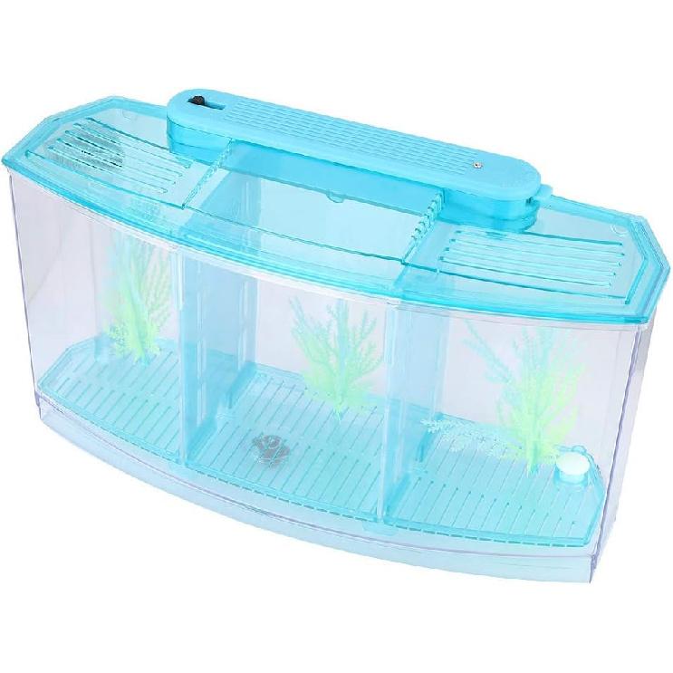 Three Areas Small Aquarium, Transparent Fish Tank, Desktop with Water Change Valve with LED Light for Betta Small Fishes(Blue)