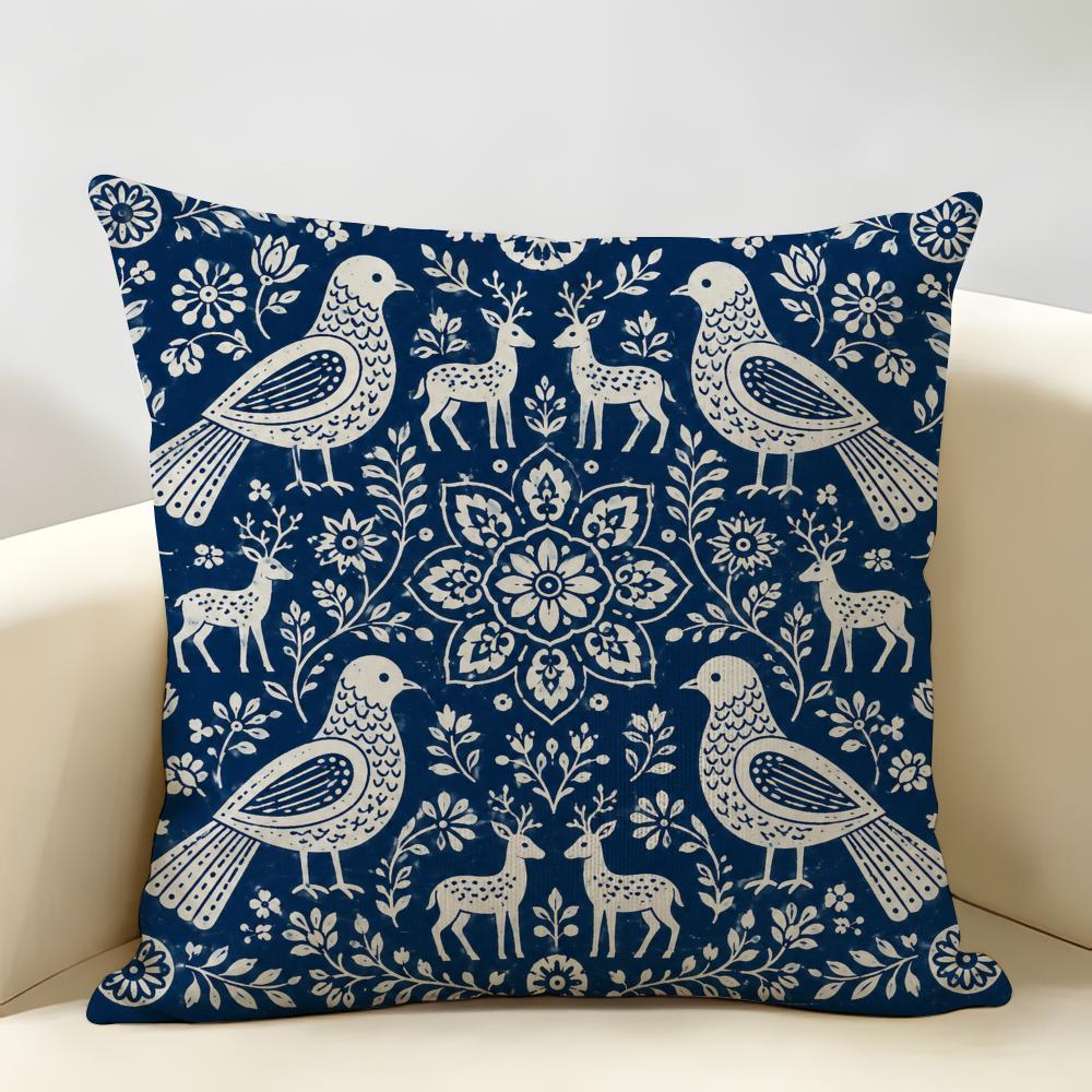 Indigo Blue Block Birds Animals Cushion Cover Durable Hypoallergenic Organic Linen Short Pillow Cover Washable