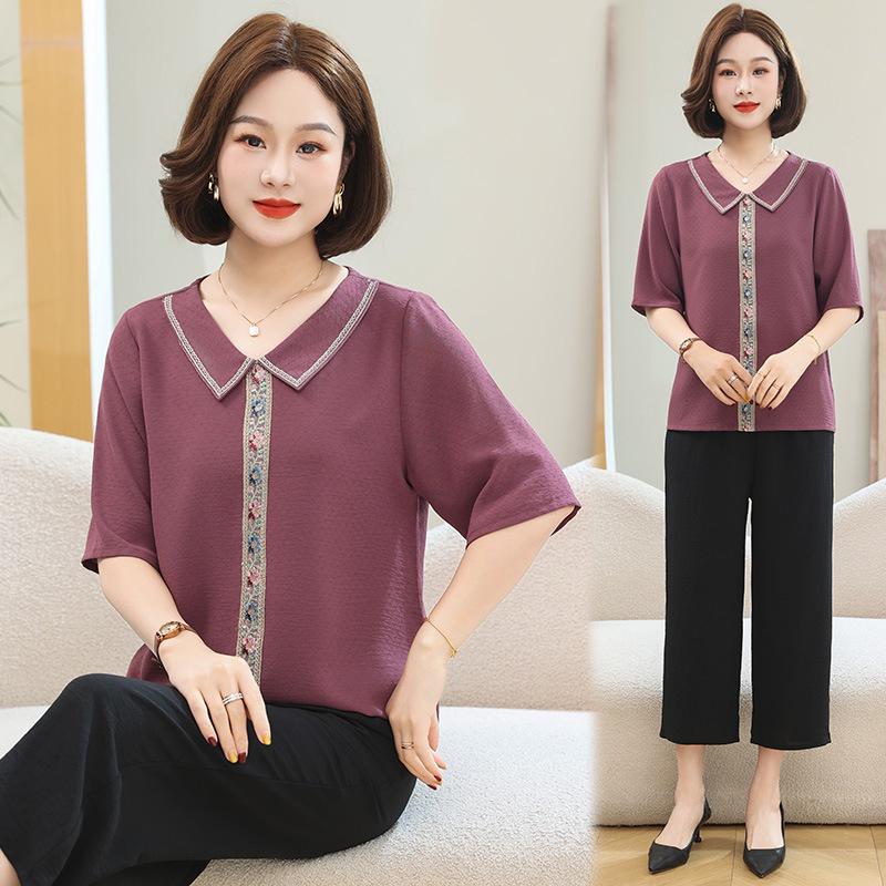 Elegant Summer Lapel T-shirt: Stylish Chinese Design for Middle-Aged & Elderly Women