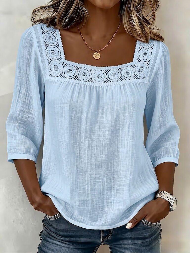 Women's Square Neck Lace Trim 3/4 Sleeve Blouse Multi Colors Casual Top