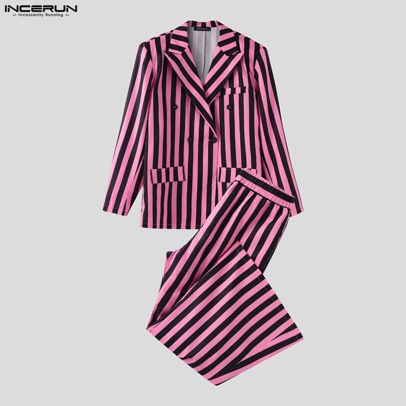 INCERUN Two Pieces Men Lapel Striped Long Sleeve Thin Blazer Long Flare Pants Sets