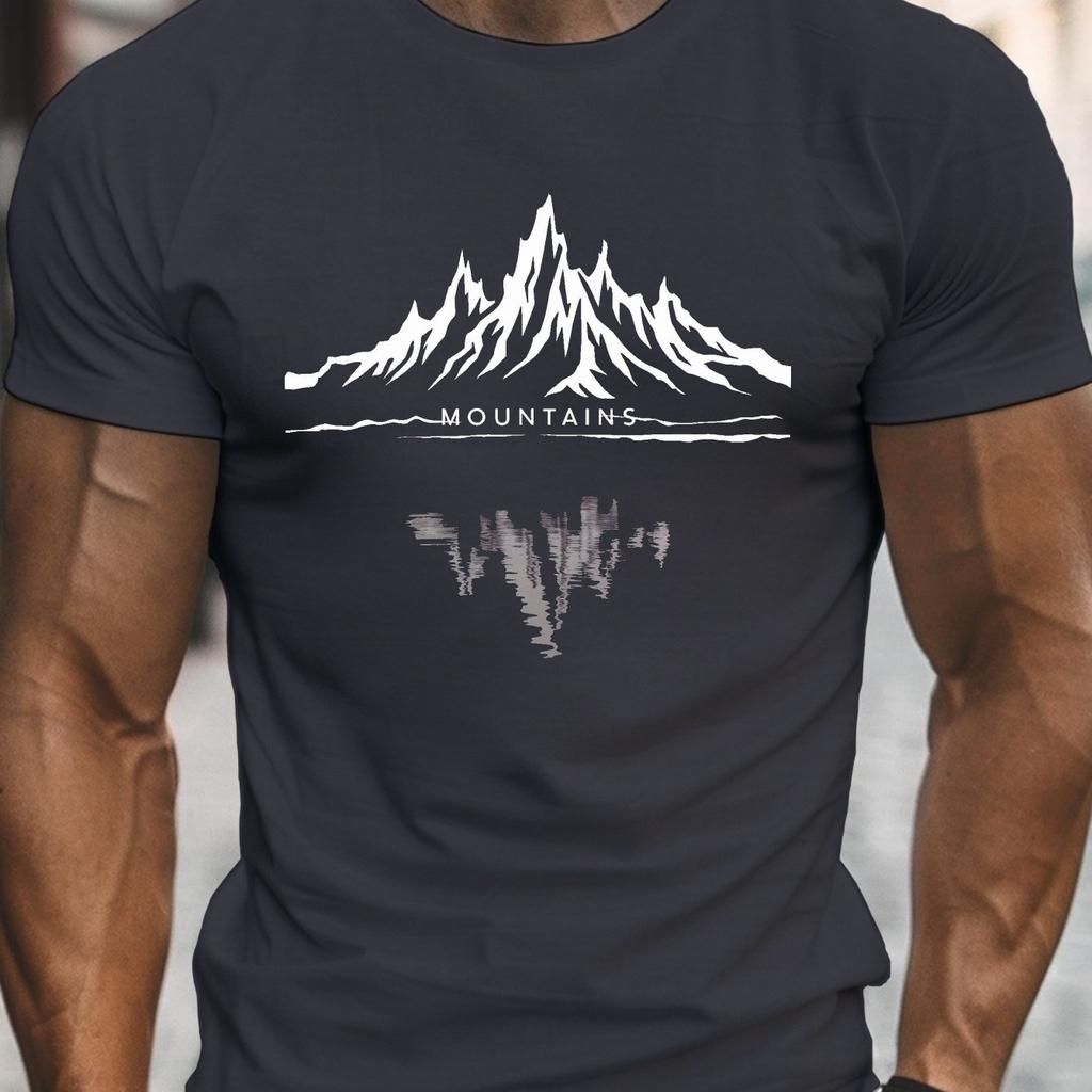 2025 Męska Letnia 100% Bawełna Modna Casualowa Sportowa Luźna Modna Koszulka z Nadrukiem Wzoru Górskiego z Okrągłym Dekoltem i Krótkim Rękawem