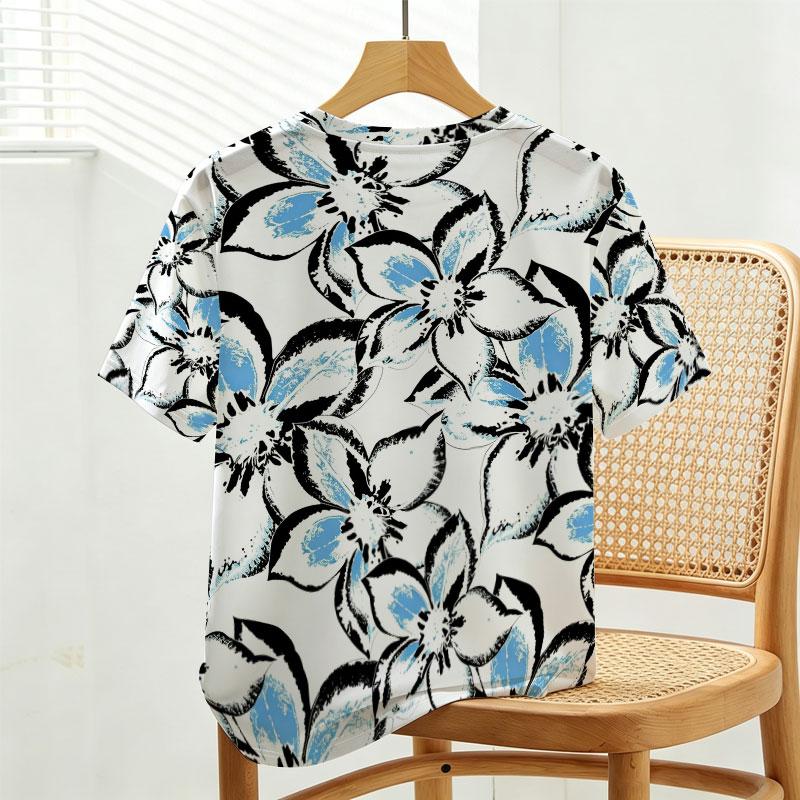 Women's Eye-catching Floral Print Short Sleeve T-Shirt Street Casual, Comfortable, Versatile for Daily Commute, Summer Beach & Campus Outfit