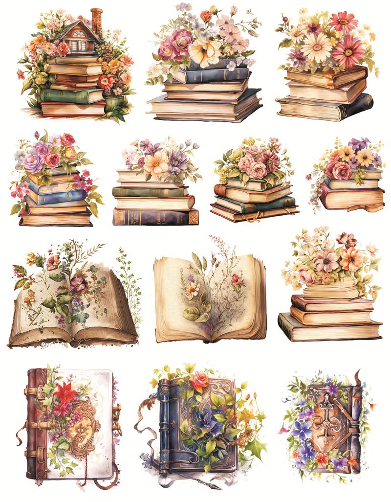 

Watercolor Nostalgic Retro Plant and Flower Books Stickers DIY Scrapbooking Diary Project Decoration Vintage Journal белый
