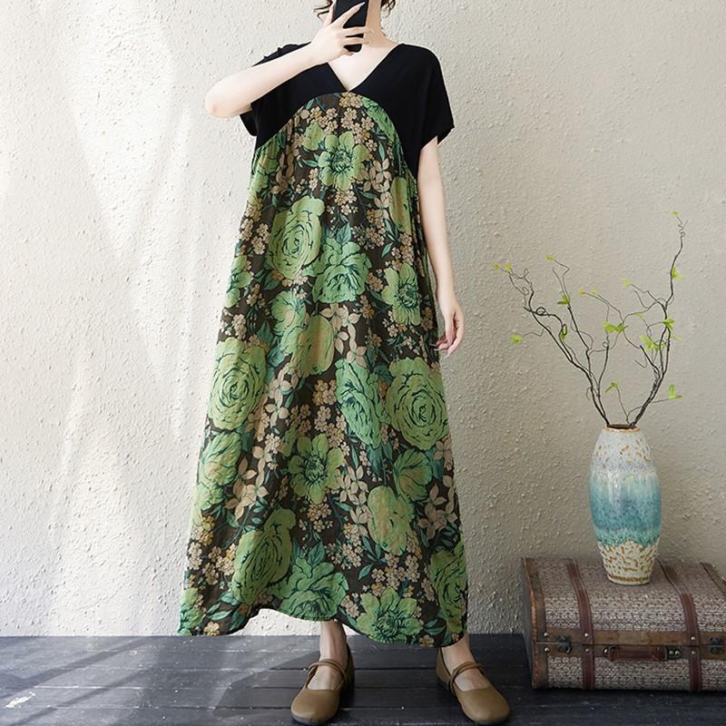

Новое винтажное платье с цветочным принтом больших размеров с коротким рукавом для женщин, повседневное свободное длинное летнее платье