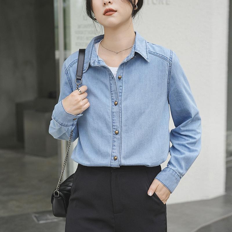 Real shot blue denim shirt jacket women's 1116 autumn retro versatile loose small long-sleeved top