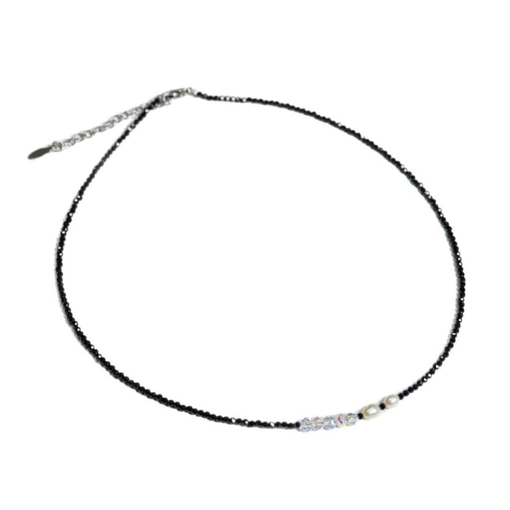 Elegant Titanium Steel Necklace with Black Spinel, Freshwater Pearls & Beads - Versatile & Simple Design