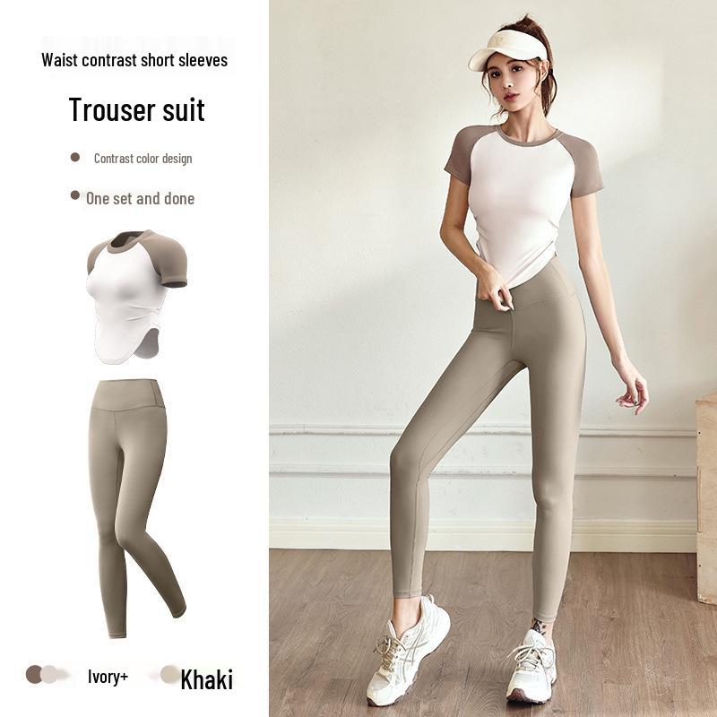 Damen Nude Feel Yoga Set: Schnelltrocknendes Kurzarm-Top & Lange Hose für Outdoor-Fitness