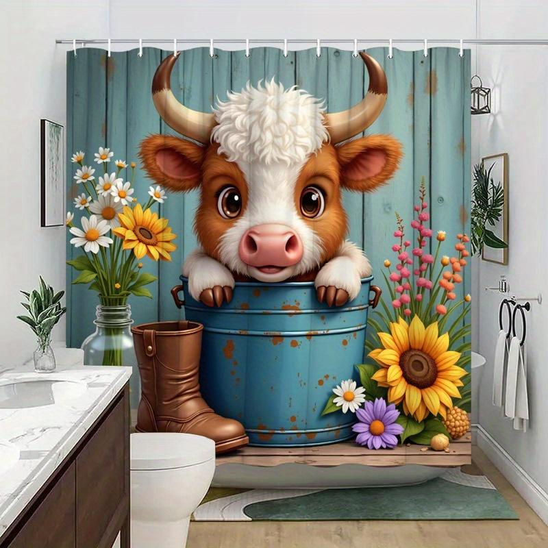 Charming Highland Cow & Sunflower Shower Curtain - Rustic Bathroom Decor, Blue Barrel Design, Polyester, 12 Hooks,Easy-Care