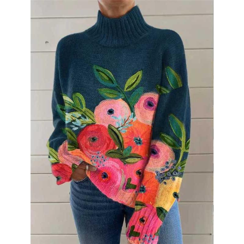 Womens Christmas Print High Neck Sweater Loose Fit Casual Long Sleeve Top