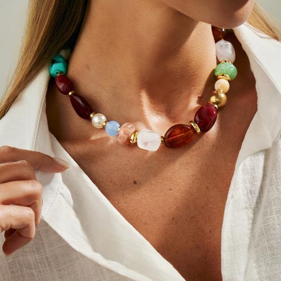 Colar Boho, Gargantilha Colorida de Contas de Resina, Colar Irregular Retrô para Mulheres, Joias Boho de Verão