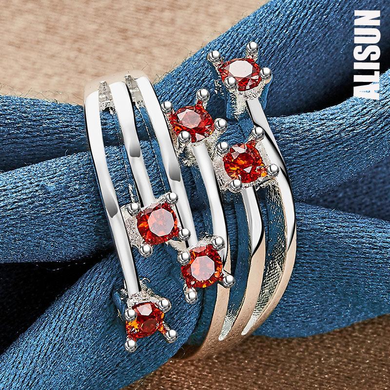 925 Sterling Silver Red AAA Zirkonový prsten Dárek Módní svatební šperky