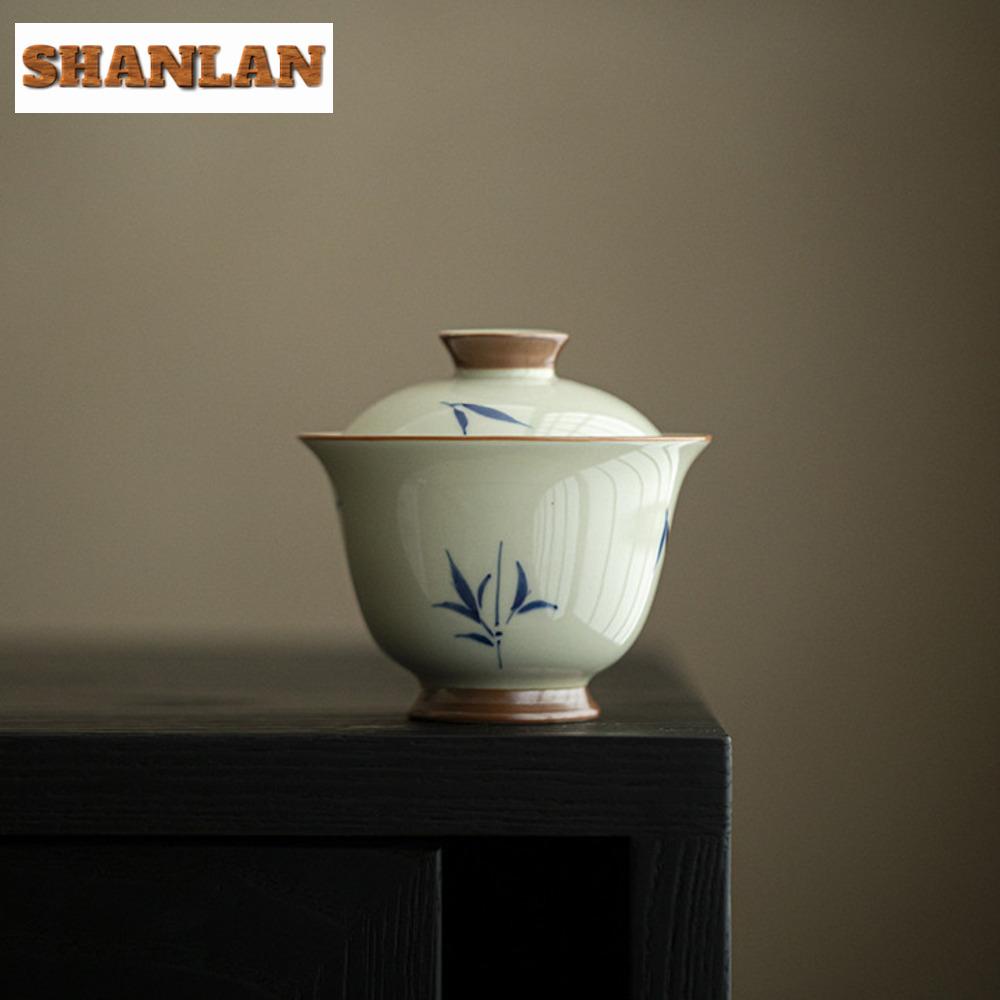120ml Hand-painted Bamboo Ceramic Gaiwan Antique Clay High Footed Tea Tureen Zen Tea Maker Cover Bowl Chinese Tea Set Craft Gift