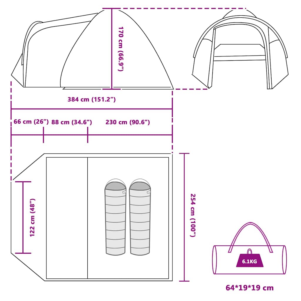 Dome Tent with Canopy and Storage Green 384 X 254 X 170 Cm