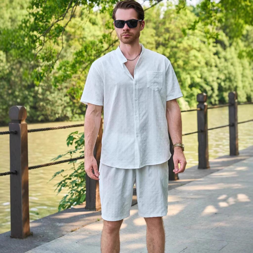 Stand-up Collar Button Short-sleeved T-shirt, Shirt And Shorts Set