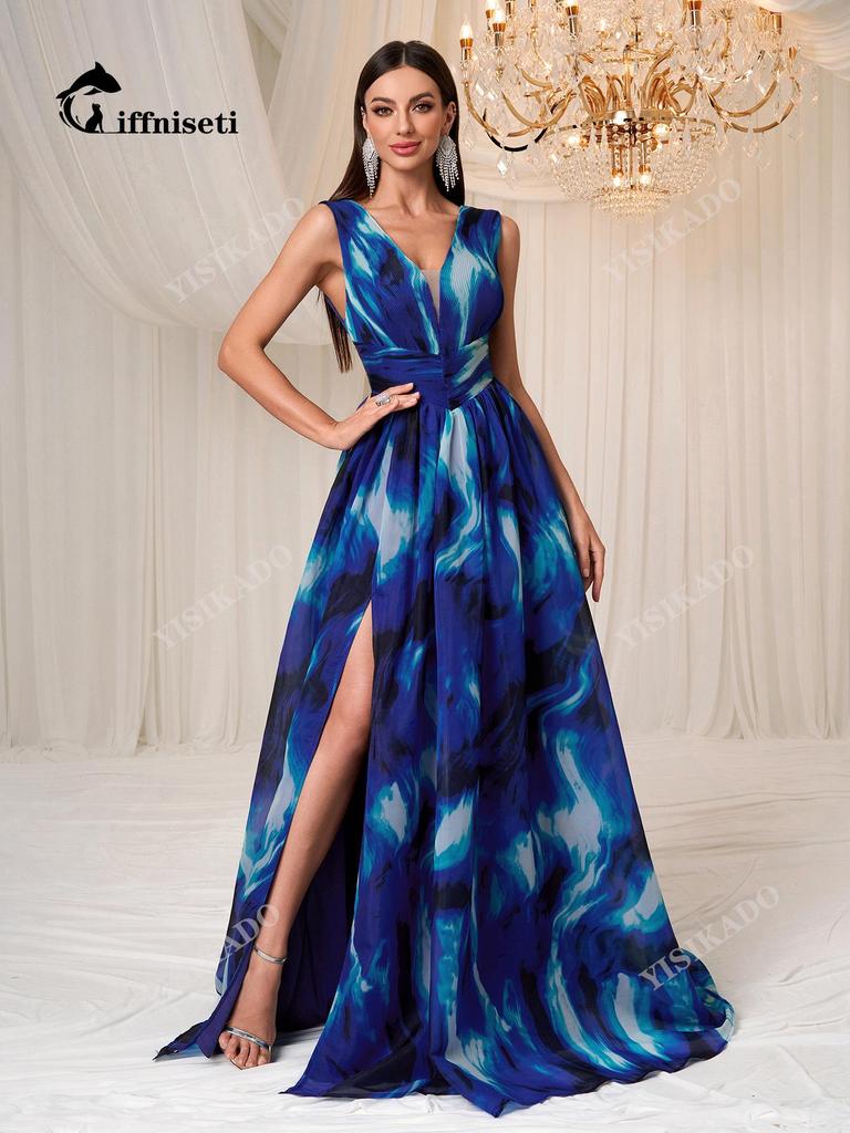 2025 Elegantes ärmelloses Maxikleid im europäischen & amerikanischen Tie-Dye-Stil mit Schlitz - MGN1886