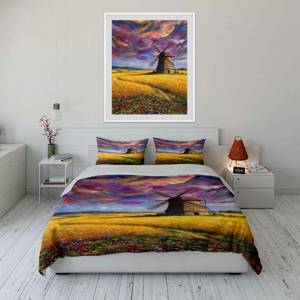 Windmill and field landscape. Bedding sets Duvet cover sets Duvet covers Pillowcases(1 * Duvet Cover 2 * Pillowcases without duvet insert)