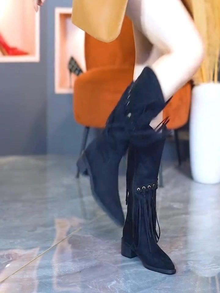 Módní dámské kozačky Semišové Dlouhá holeň Módní dámské Boční zip Silný podpatek Kozačky s třásněmi Vysoká kvalita Špičaté Nízký podpatek Kozačky Botas Mujer