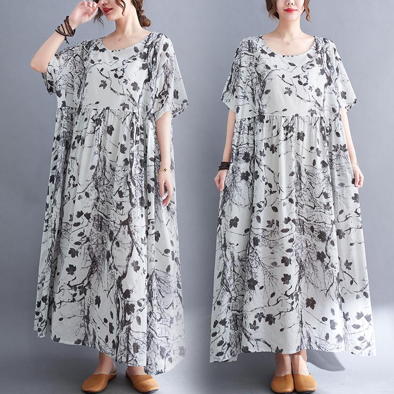 Summer Chubby MM Loose Slimming Printed Cotton Linen Short Sleeved Dress for Women