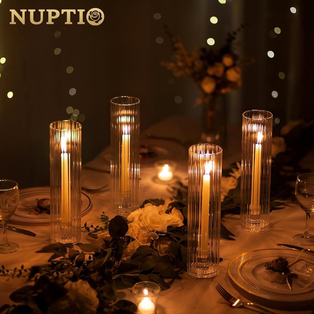 NUPTIO Taper Candle Holders for Centerpiece: Ribbed Hurricane Glass Candlestick Holder - Set of 6 Windproof Fluted Candle Stick Stand for Fall