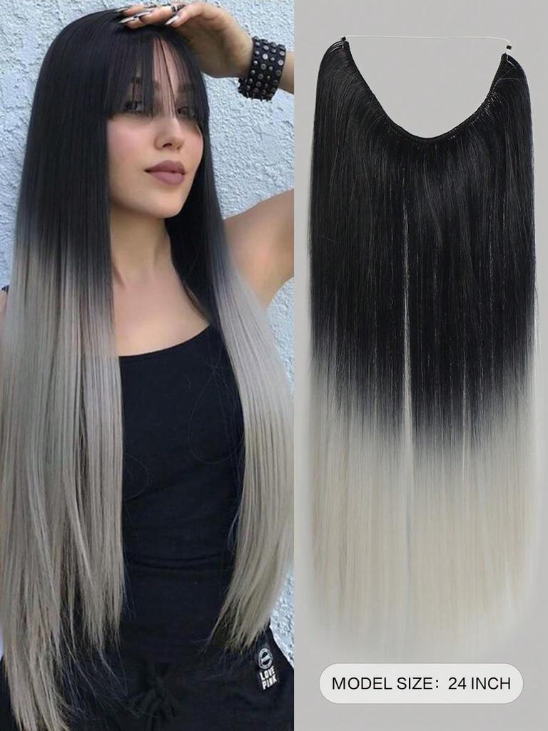 Synthetic Natural No Clip Fish Line Invisible Hair Extensions Silver Gray False Hair Piece For Women