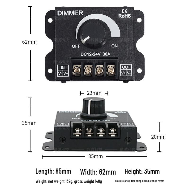 Single Color Stepless LED Strip Dimmer with Rotary Knob - Compatible with 12V/24V, 30A
