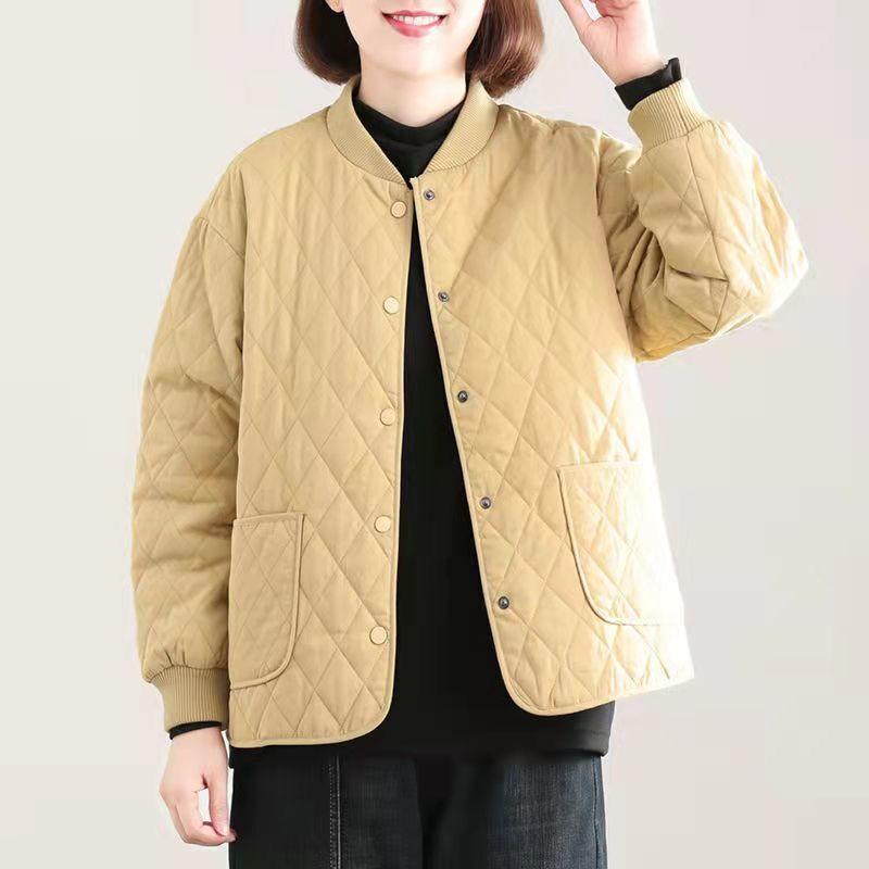 Giacca comoda da donna autunno e inverno, sottile, ampia, tinta unita, scollo tondo, corta, con clip a traliccio di diamanti, in cotone