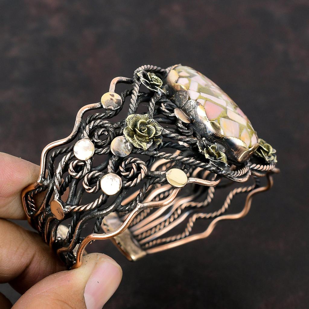 Copper Pink Opal Bangle Copper Wire Wrapped Cuff Bracelet Adjustable Bangle Copper Jewelry Gemstone Bangle For Gift Handmade Amazing Jewelry