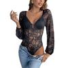Women Sexy Retro Lace Patchwork V Neck Solid Color Long Sleeve Shapewear Bodysuit