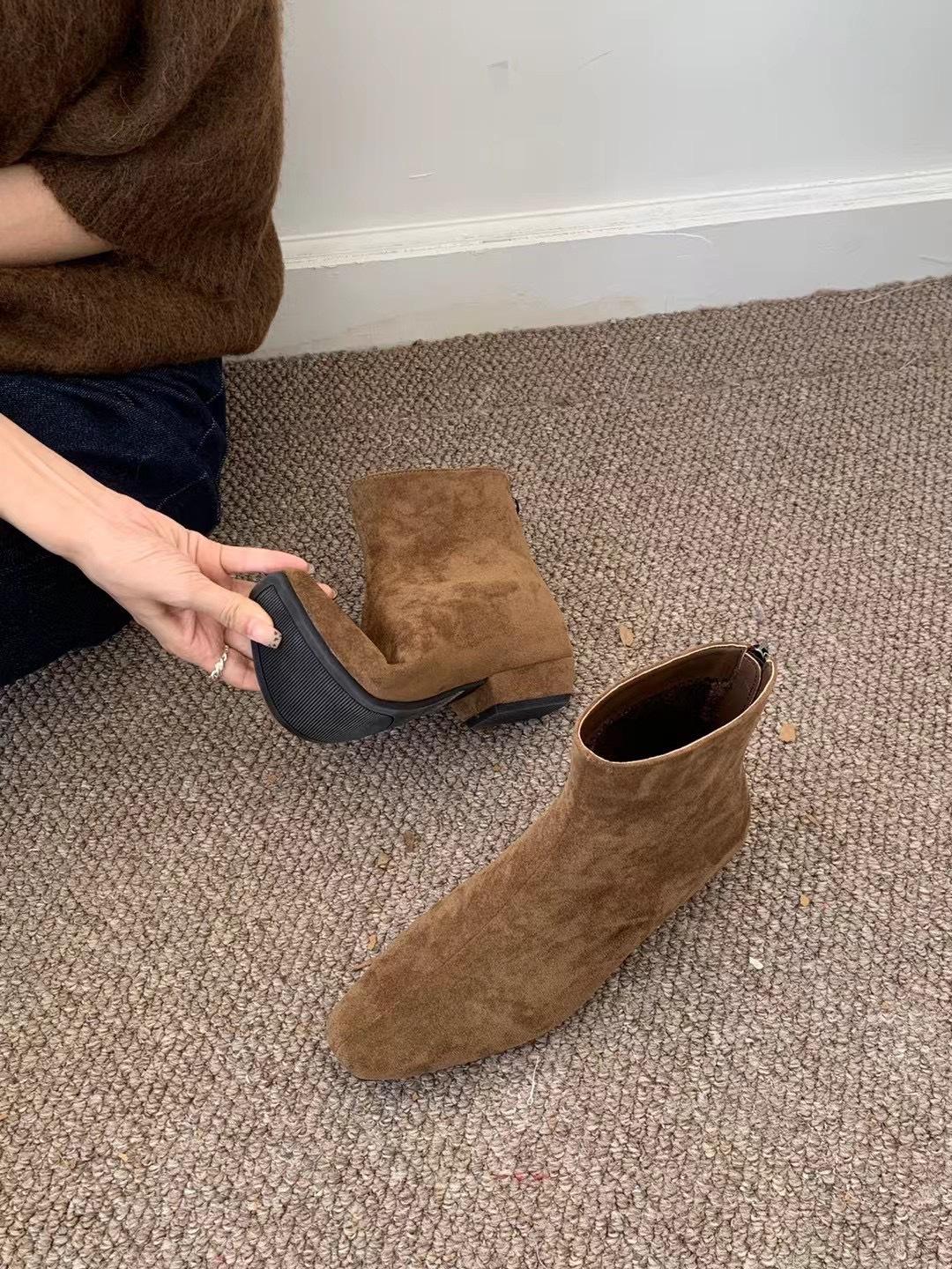 

Замшевые ботильоны на толстом каблуке, французские, с квадратным носком, облегающие, короткие, женская обувь 2025 осень и зима, бархатные, коричневые ботинки мартин 39 хаки
