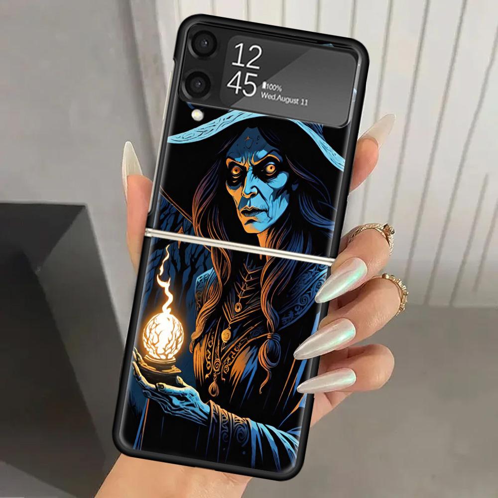 Halloween Moon Witch Horror Hard PC Phone Case For Samsung Galaxy Z Flip 7 6 5 4 3 Black ZFlip7 ZFlip6 Flip5 Flip4 Flip3 5G Prin