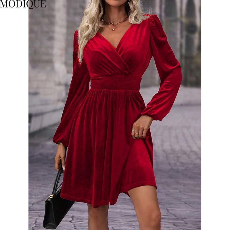 

MODIQUE 2025 Весна Новое женское элегантное вельветовое однотонное платье с рукавами-фонариками и эластичной талией, плиссированное короткое платье, женское повседневное платье А-силуэта с V-образным вырезом XXL багровый