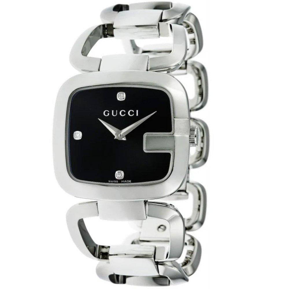 Gucci Women's Silver Ya125406 G Diamonds Black Watch