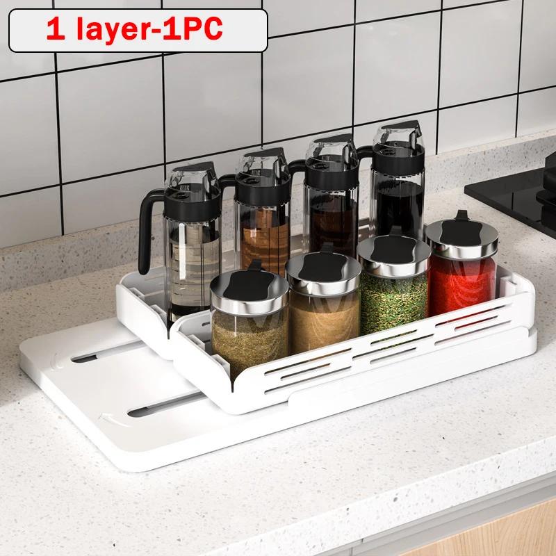 Вращающаяся полка Кухонная полка для специй Выдвижная напольная полка Ванная комната Без сверления Органайзер для косметики Пластиковая двойная полка для специй