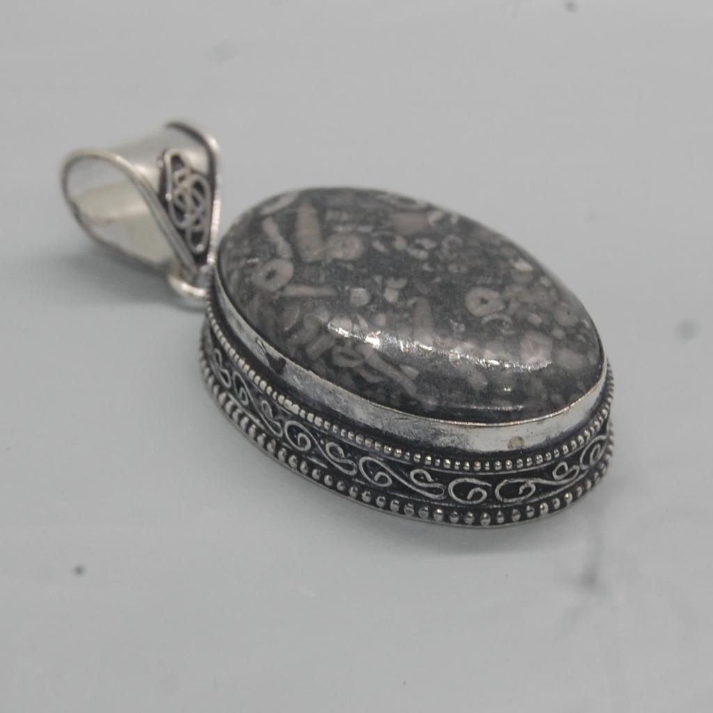 Oval Cab Crinoid Marble Fossil 925 Sterling Silver Pendant Jewelry, Brown Fossil Designer Pendant Jewelry