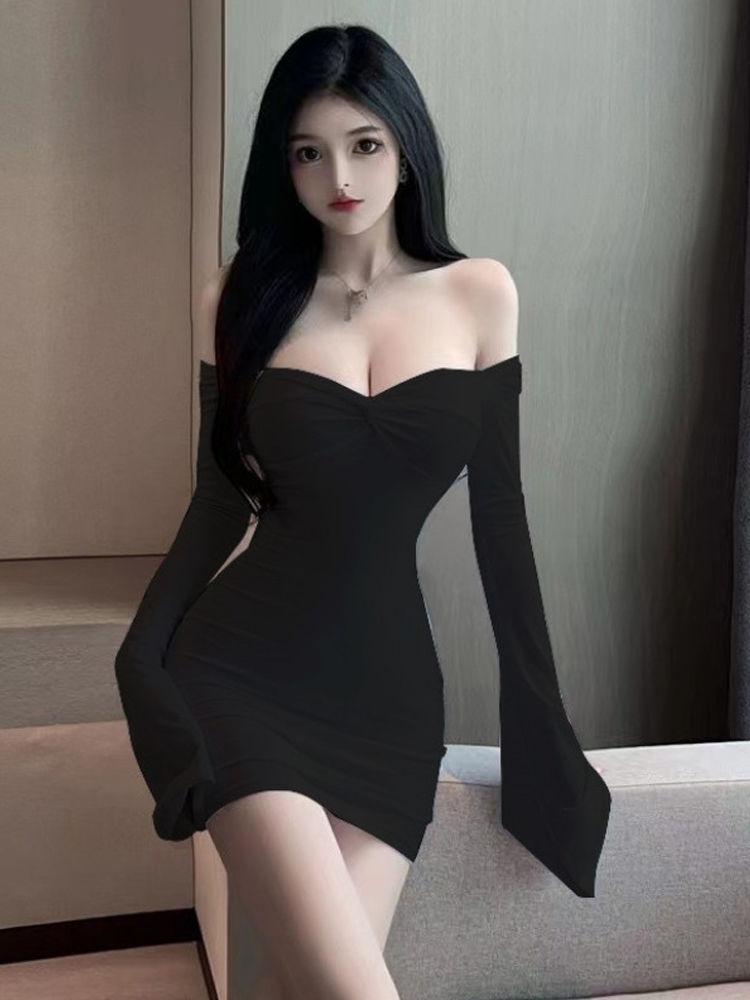 Spring and Autumn New Pure Desire Spice Girls Sexy Low Neck Open Chest Flared Sleeve Slim Long Sleeve Hip Wrap Dress Women